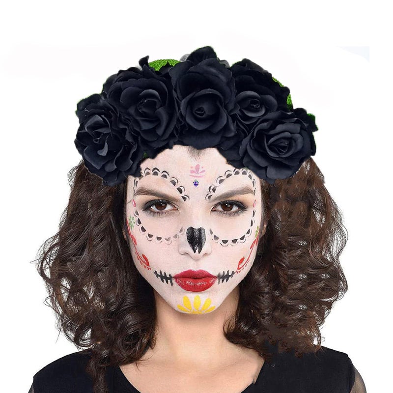 PURFUN Gothic Rose Floral Headband Crown Veil Women Halloween Cosplay Day of The Dead Masquerade Mexican Flower Hairband Garland Headpiece Hair Wreath Black Witch Vampire Bridal Veil Costume Accessory - Image 4
